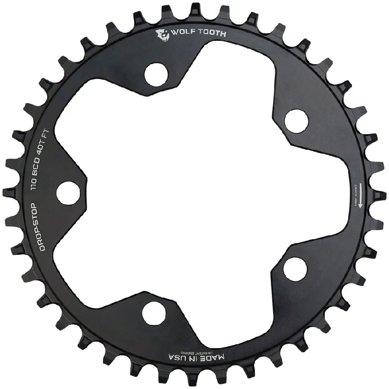 Wolf Tooth 110 BCD Cyclocross Road Chainring - 40t 110 BCD 5-Bolt Drop-Stop 10/11/12-Speed Eagle Flattop Compatible BLK